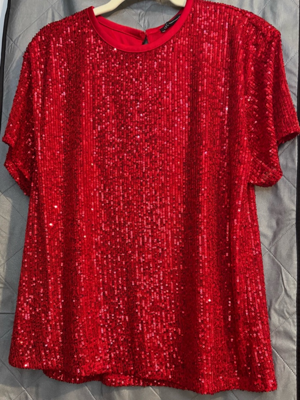 International Concepts Bright Red Sequin Short Sleeve Top
